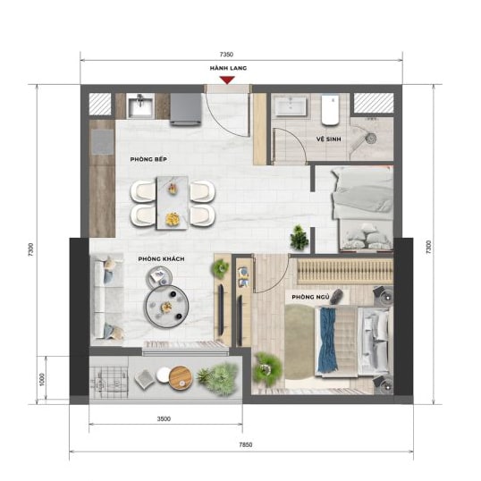 Aria Bay 14 Thiết kế căn hộ 1 phòng ngủ Aria Bay
