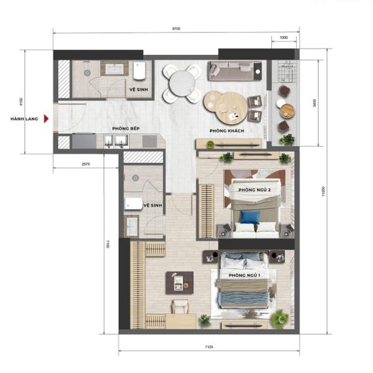 Aria Bay 15 Thiết kế căn hộ 2 phòng ngủ Aria Bay