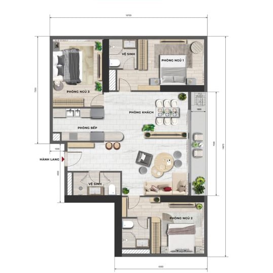 Aria Bay 16 Thiết kế căn hộ 3 phòng ngủ Aria Bay
