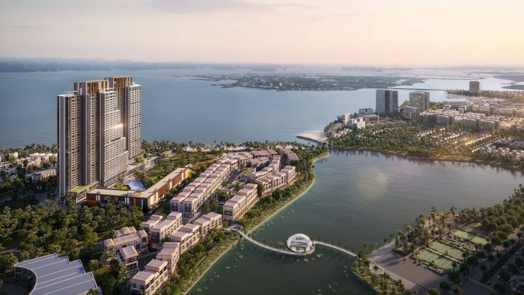 Aria Bay 8 Phối cảnh Aria Bay Hạ Long nhìn từ trên cao với tòa tháp ven biển, khu biệt thự liền kề và hồ cảnh quan